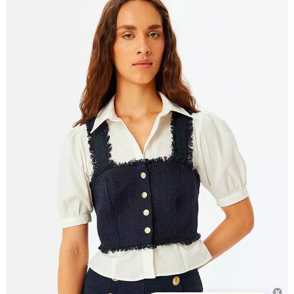 Koton Short Balloon Sleeve Crop Shirt With Tweed Detail White Navy Blue